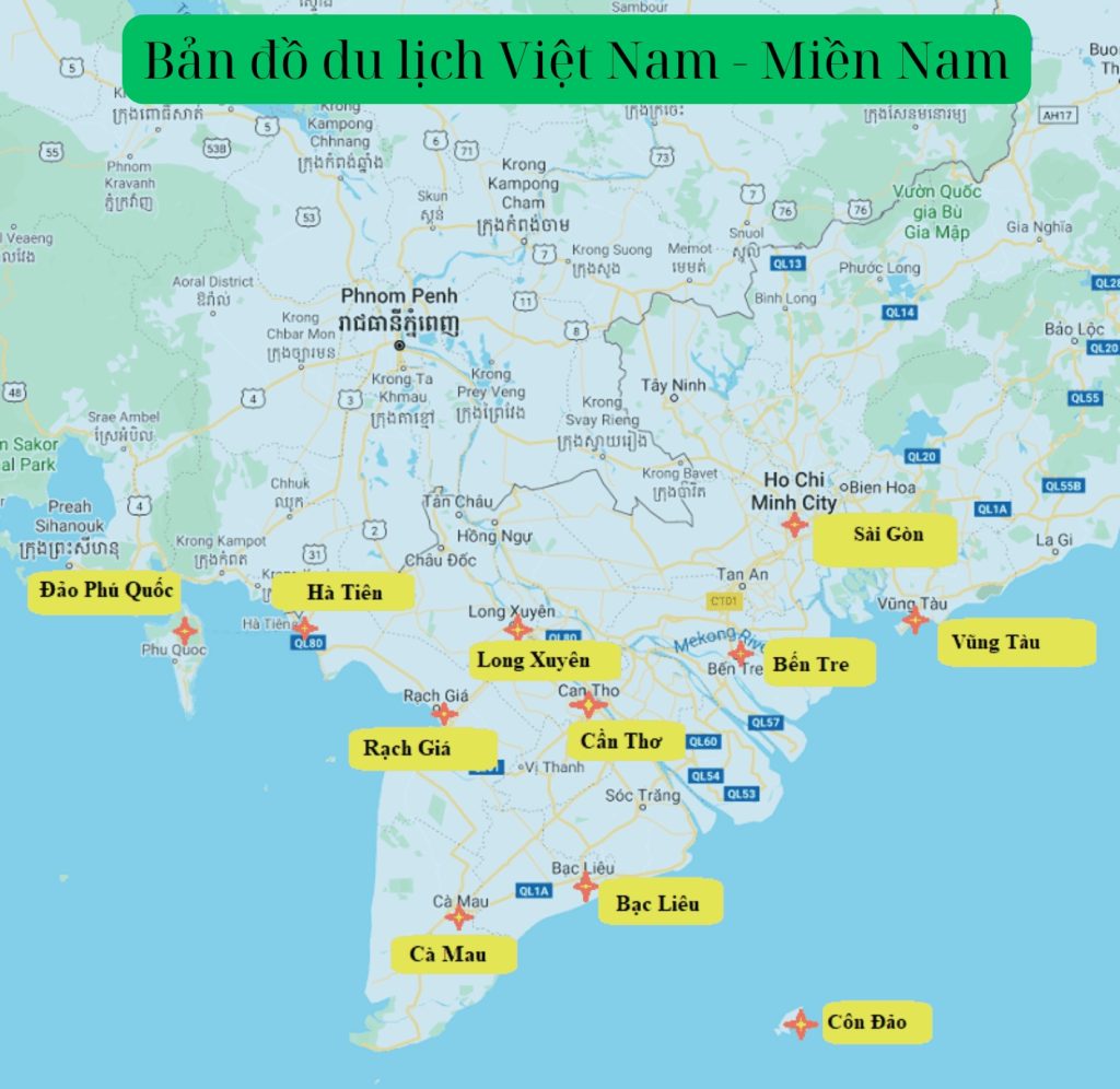 Bản đồ du lịch Việt Nam khu vực miền Nam