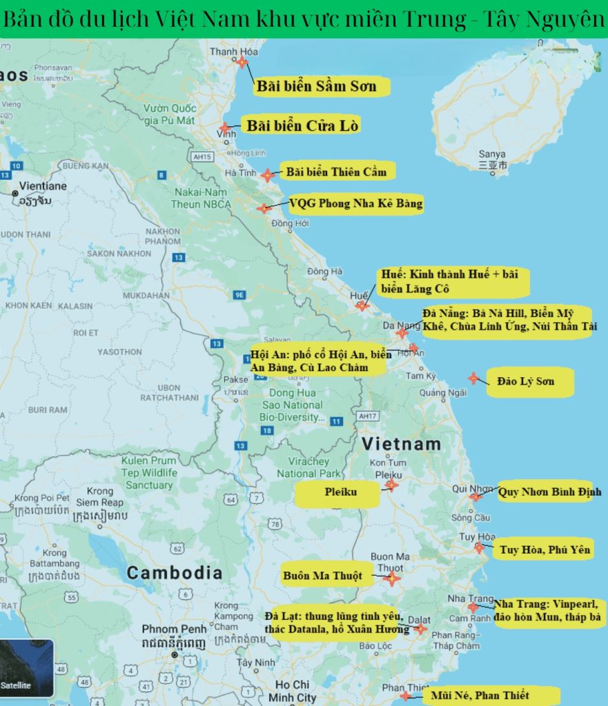 Bản đồ du lịch Việt Nam khu vực miền Trung - Tây Nguyên