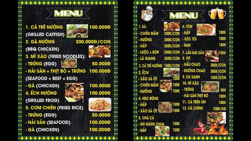 Thực đơn tại thác Nhị Hồ