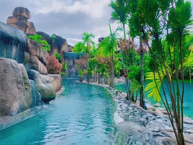 Không gian khu nghỉ dưỡng Thiền Tâm được bao phủ bởi những rặng cau