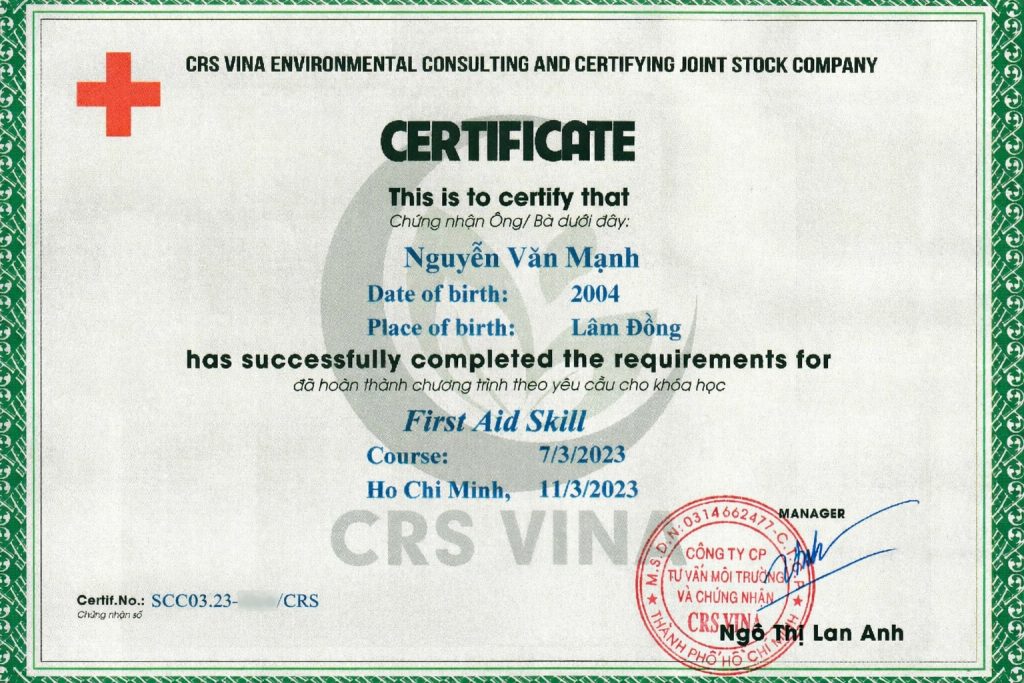 Giấy chứng nhận hoàn thành khóa học Kỹ năng Sơ cấp cứu