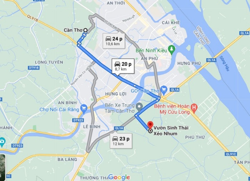 Bản đồ di chuyển từ trung tâm Cần thơ đến Vườn sinh thái Xẻo Nhum