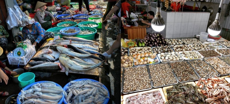 Tại chợ Bình Châu, du khách có thể mua hải sản tươi và thuê các quầy hàng chế biến ngay tại chỗ với chi phí rẻ