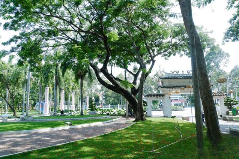 Công viên Văn Miếu được trồng nhiều cây cổ thụ tán rộng, tạo nên bầu không khí trong lành, mát mẻ